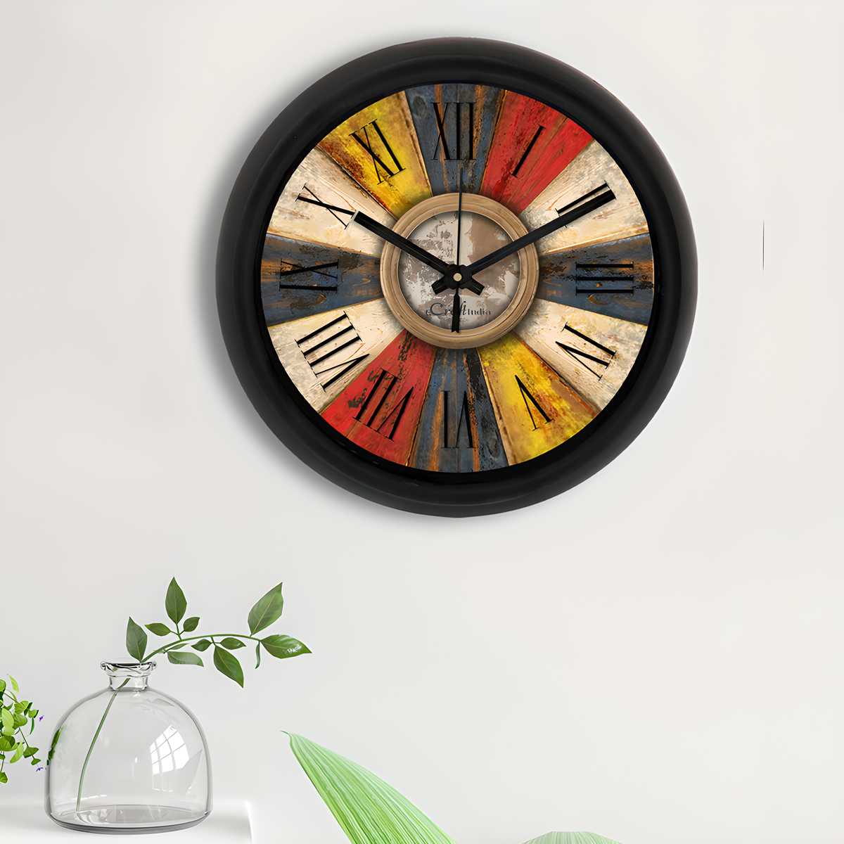 Rustic multicolor designer round analog black wall clock